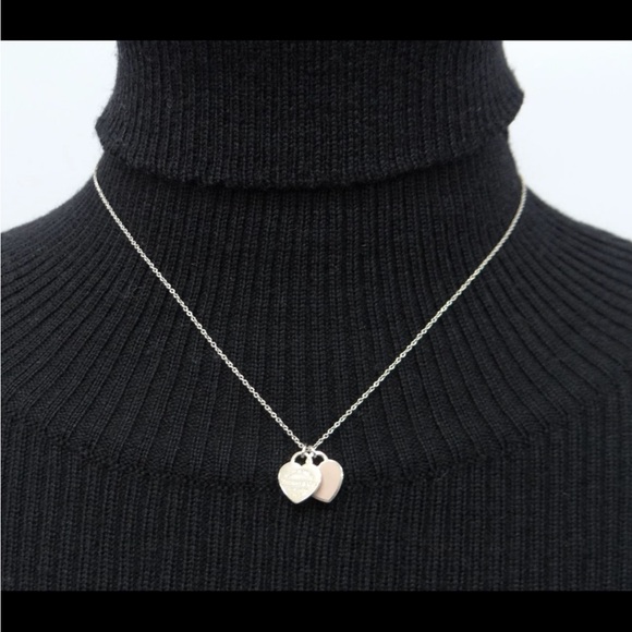 Tiffany & Co 💯% Auth Pink Mini Double Heart 925 Silver Necklace✨w/pouch✨EUC✨ - Picture 5 of 7